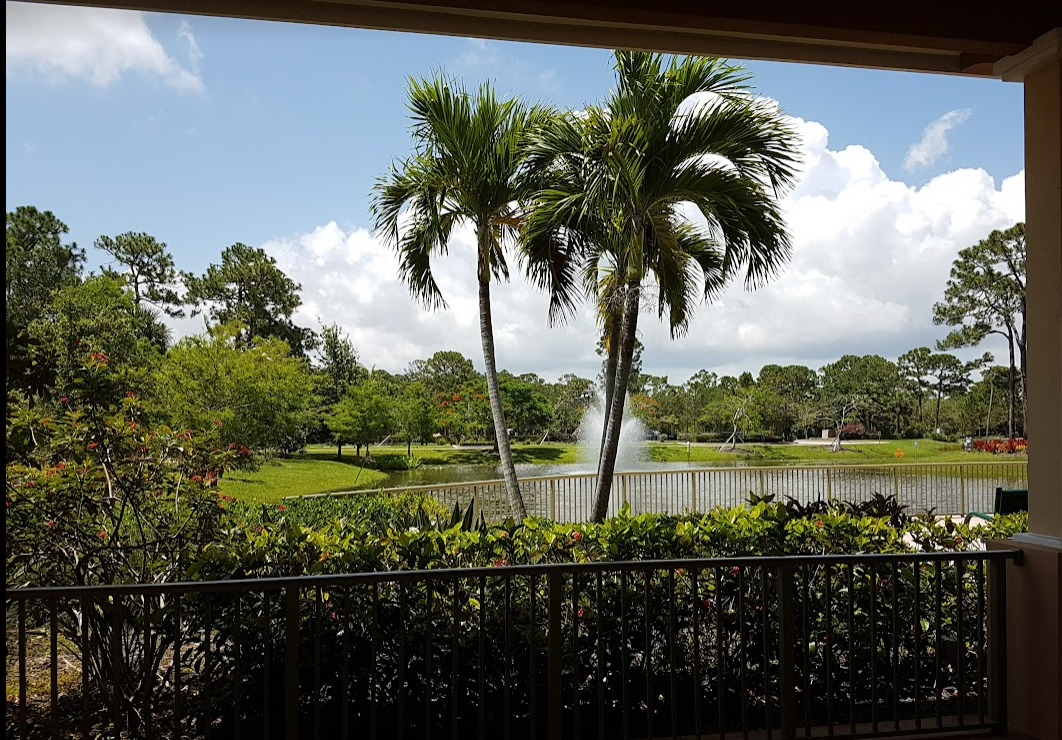 View of the lake and fountain at Port St Lucie botanical Gardens